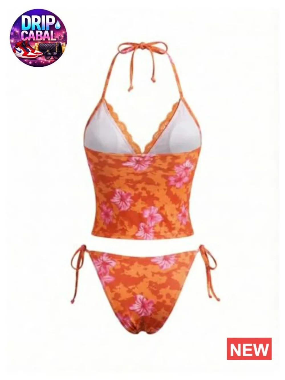 Y2k Floral Lace Halter Tie Side Thong Tankini Swimsuit